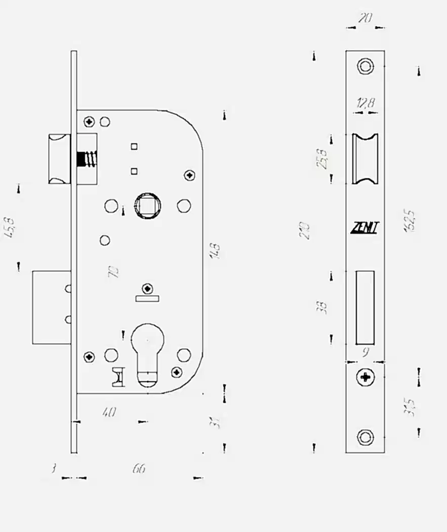 Замок Zenit (Зенит) врезной цилиндровый с защёлкой в комплекте с ручкой ЗВ7-70.4 (хром), 5 кл. 